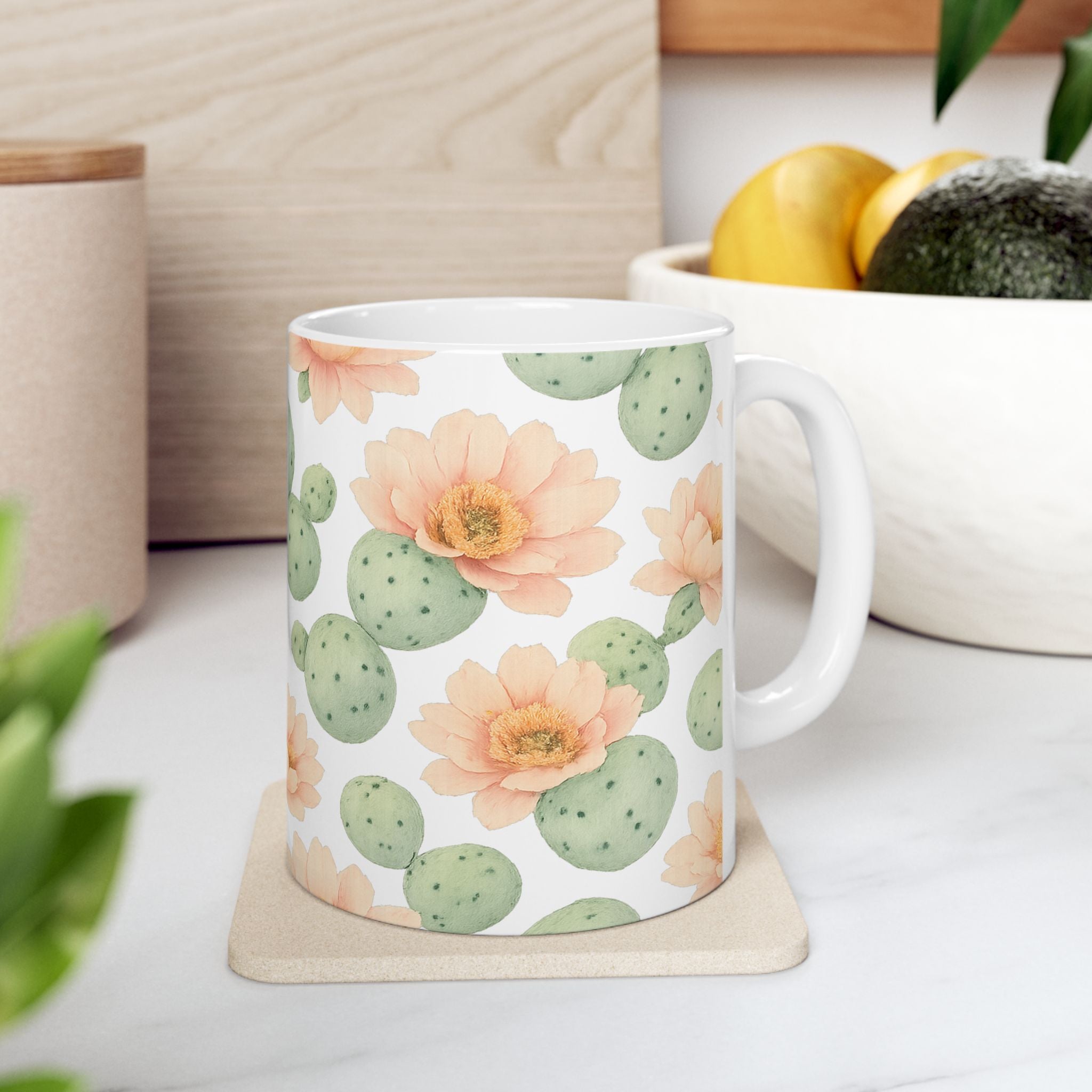 Watercolor Blooming Cactus Flowers Full Wrap Coffee Mug | Cactus Gift | Ceramic Mug