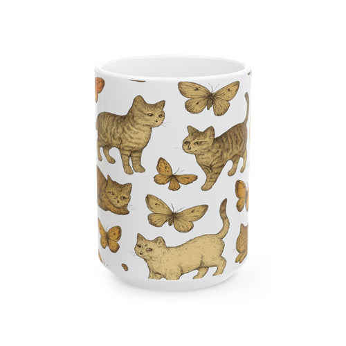 Botanical Cats And Butterflies Full Wrap Coffee Mug | Cats Gift | Ceramic Mug