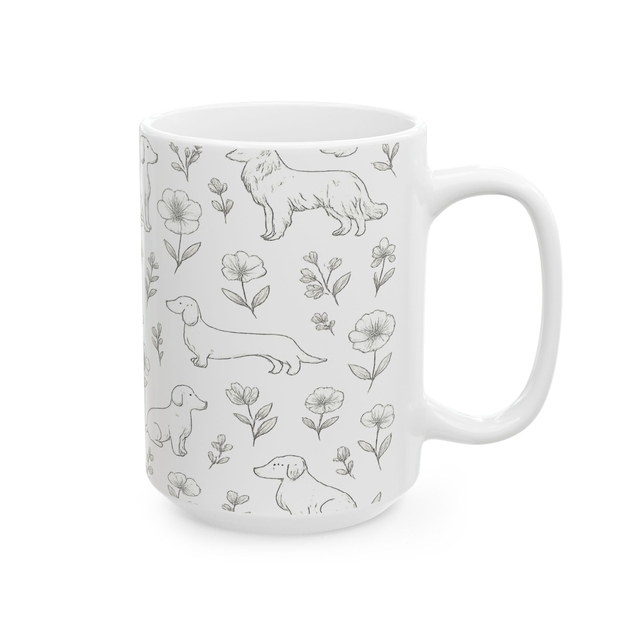 Delicate Dogs And Flowers Full Wrap Coffee Mug | Dogs Gift | Ceramic Mug