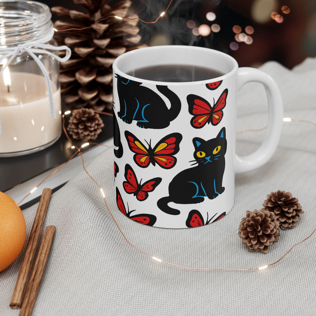 Bold Cats And Butterflies Full Wrap Coffee Mug | Cats Gift | Ceramic Mug