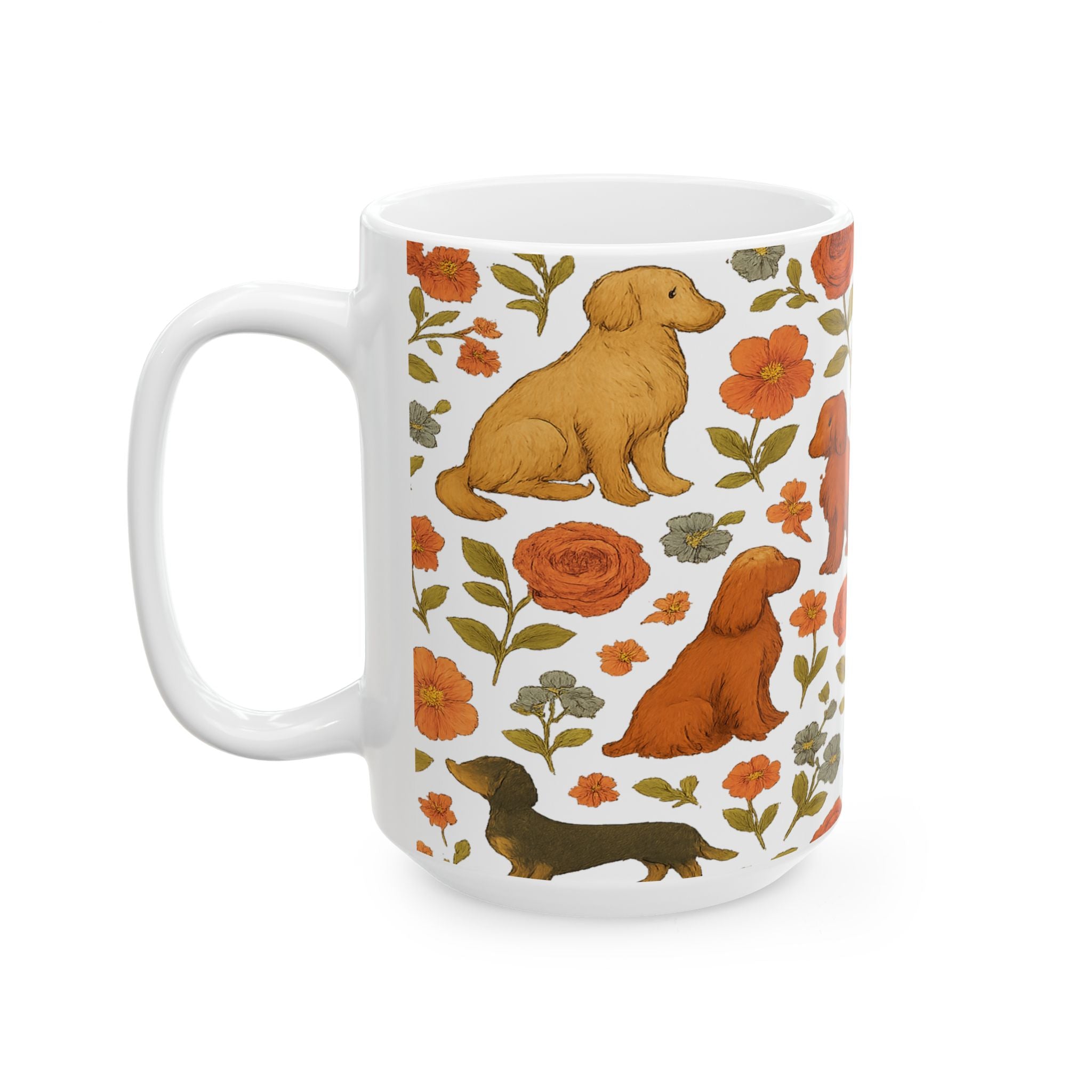Vintage Dogs And Flowers Full Wrap Coffee Mug | Dogs Gift | Ceramic Mug