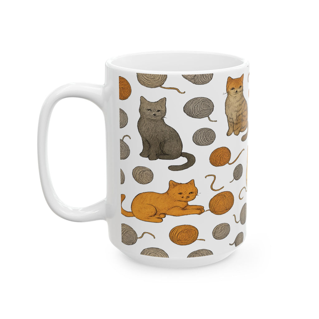 Botanical Cats With Yarn Full Wrap Coffee Mug | Cats Gift | Ceramic Mug