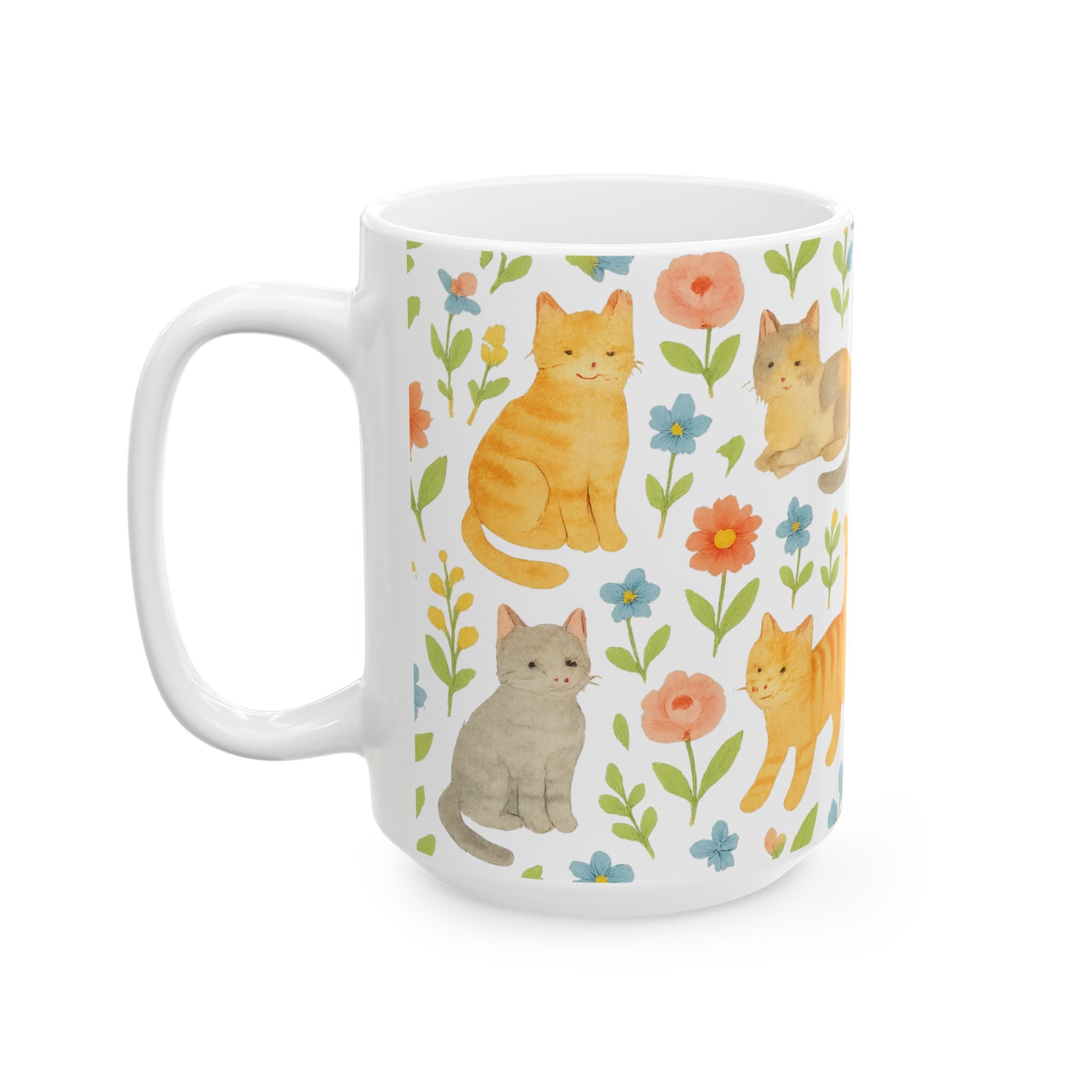 Watercolor Cats In Garden Full Wrap Coffee Mug | Cats Gift | Ceramic Mug