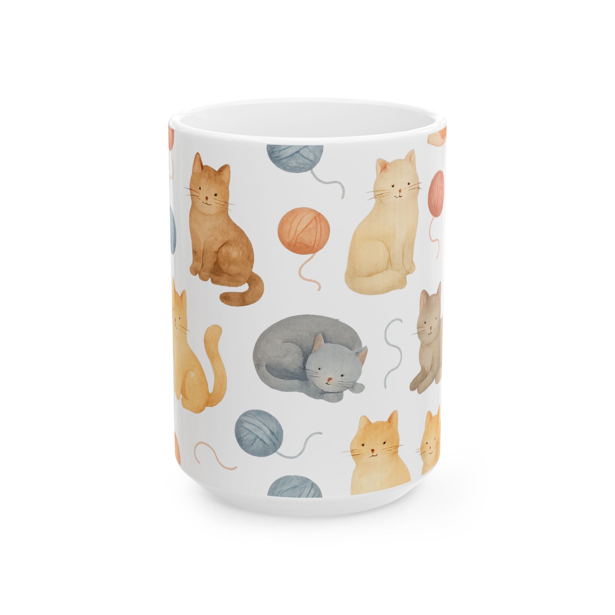 Watercolor Cats With Yarn Full Wrap Coffee Mug | Cats Gift | Ceramic Mug