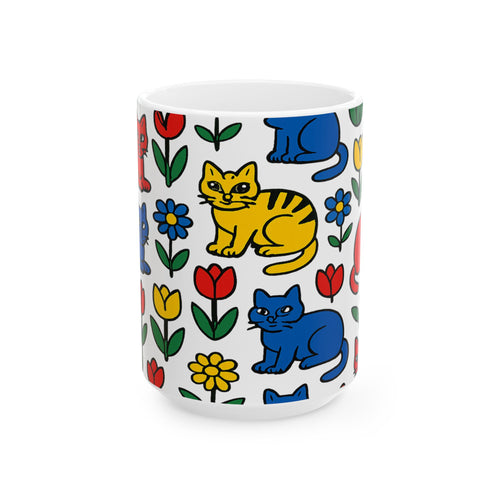 Bold Cats In Garden Full Wrap Coffee Mug | Cats Gift | Ceramic Mug