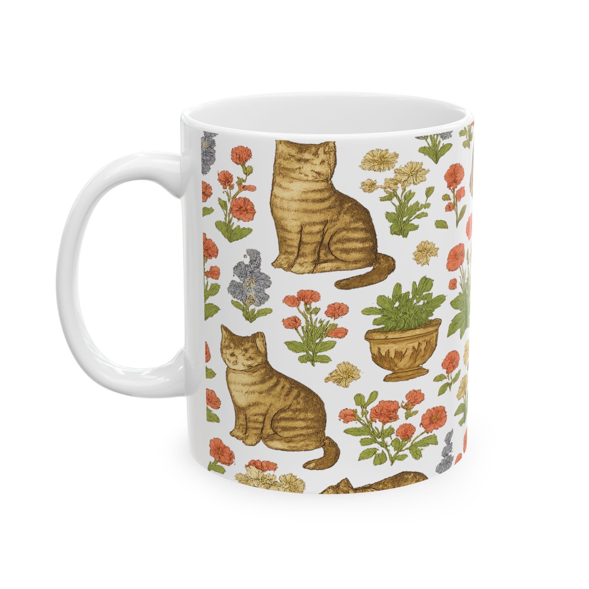 Vintage Cats In Garden Full Wrap Coffee Mug | Cats Gift | Ceramic Mug
