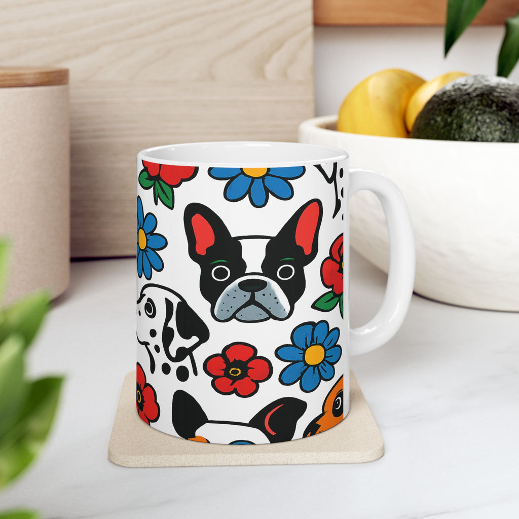 Bold Dogs And Flowers Full Wrap Coffee Mug | Dogs Gift | Ceramic Mug