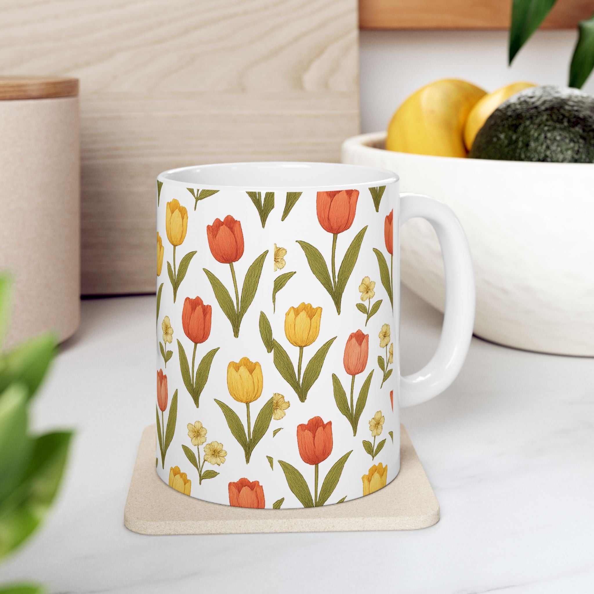 Vintage Tulip Garden Full Wrap Coffee Mug | Flowers Gift | Ceramic Mug