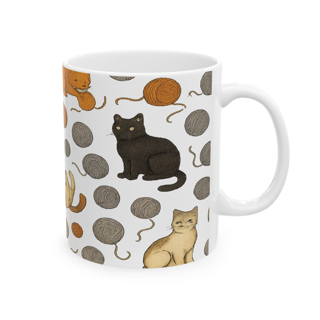 Botanical Cats With Yarn Full Wrap Coffee Mug | Cats Gift | Ceramic Mug