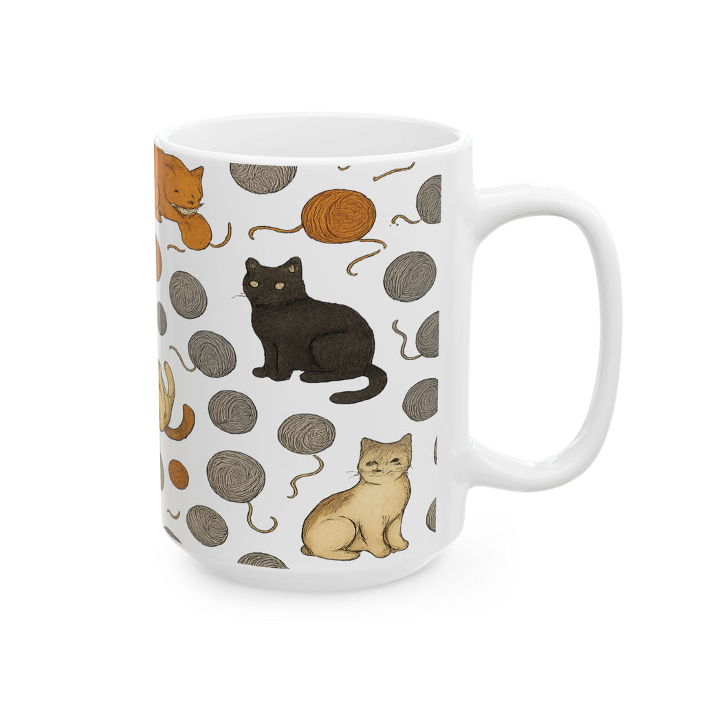 Botanical Cats With Yarn Full Wrap Coffee Mug | Cats Gift | Ceramic Mug
