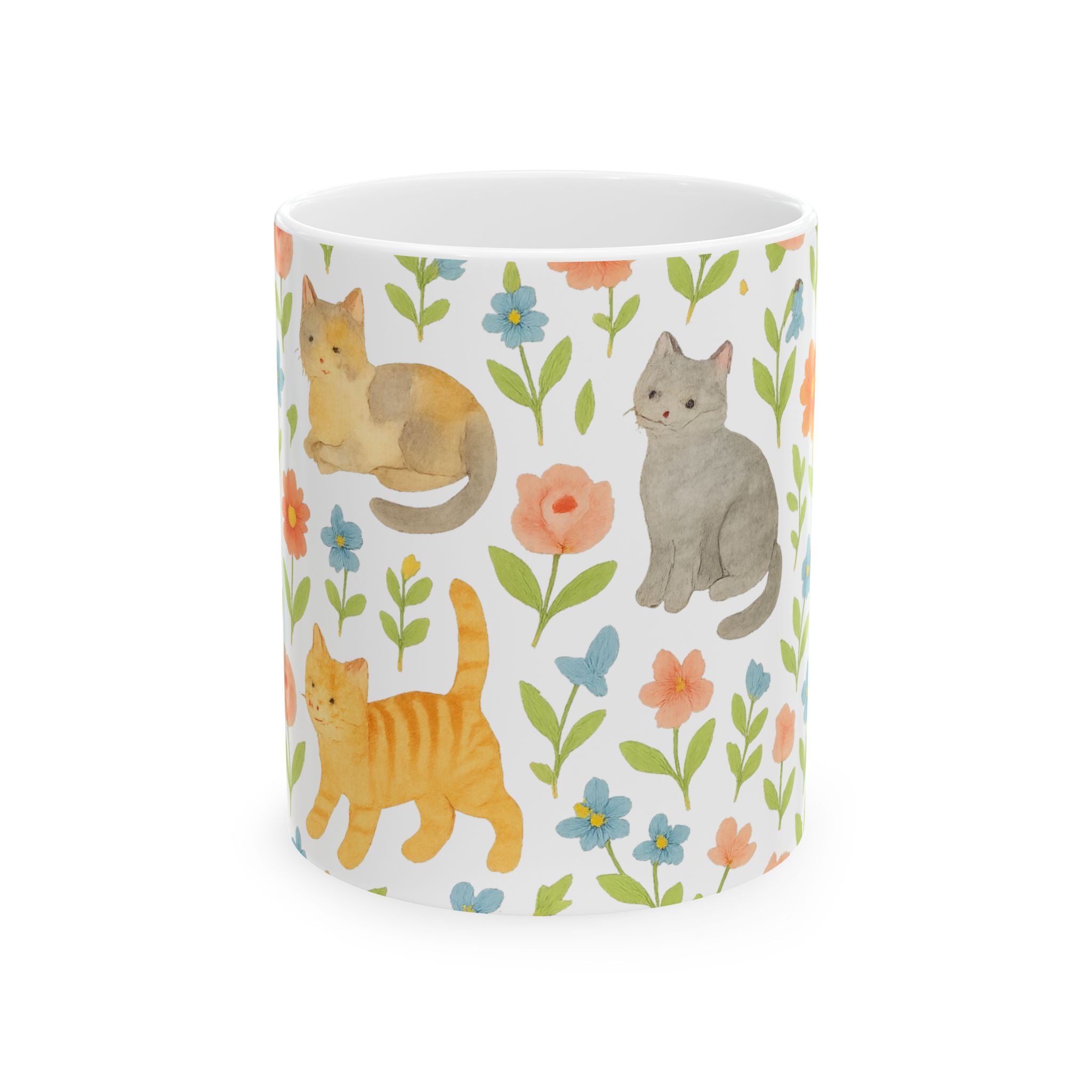 Watercolor Cats In Garden Full Wrap Coffee Mug | Cats Gift | Ceramic Mug