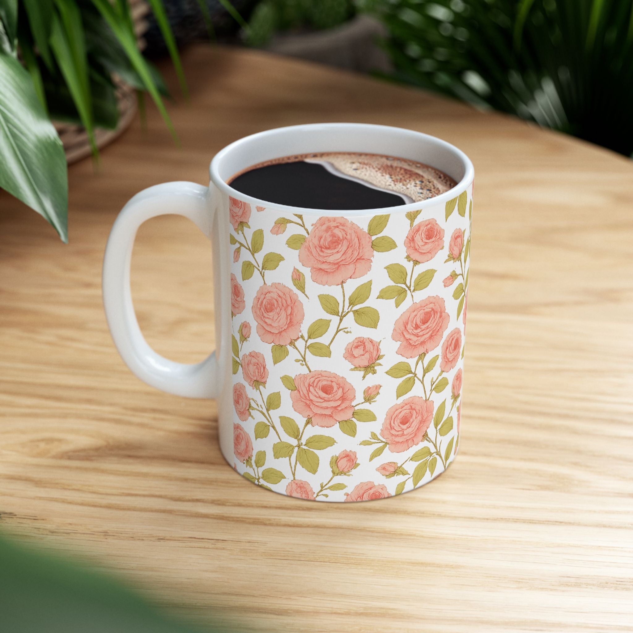 Vintage Pink Rose Garden Full Wrap Coffee Mug | Flowers Gift | Ceramic Mug