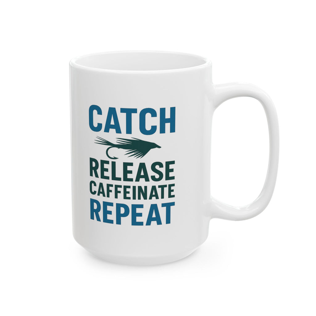 Fly Fisherman Catch Release Caffeinate Repeat Coffee Mug | Cat Lover Gift | Ceramic Mug