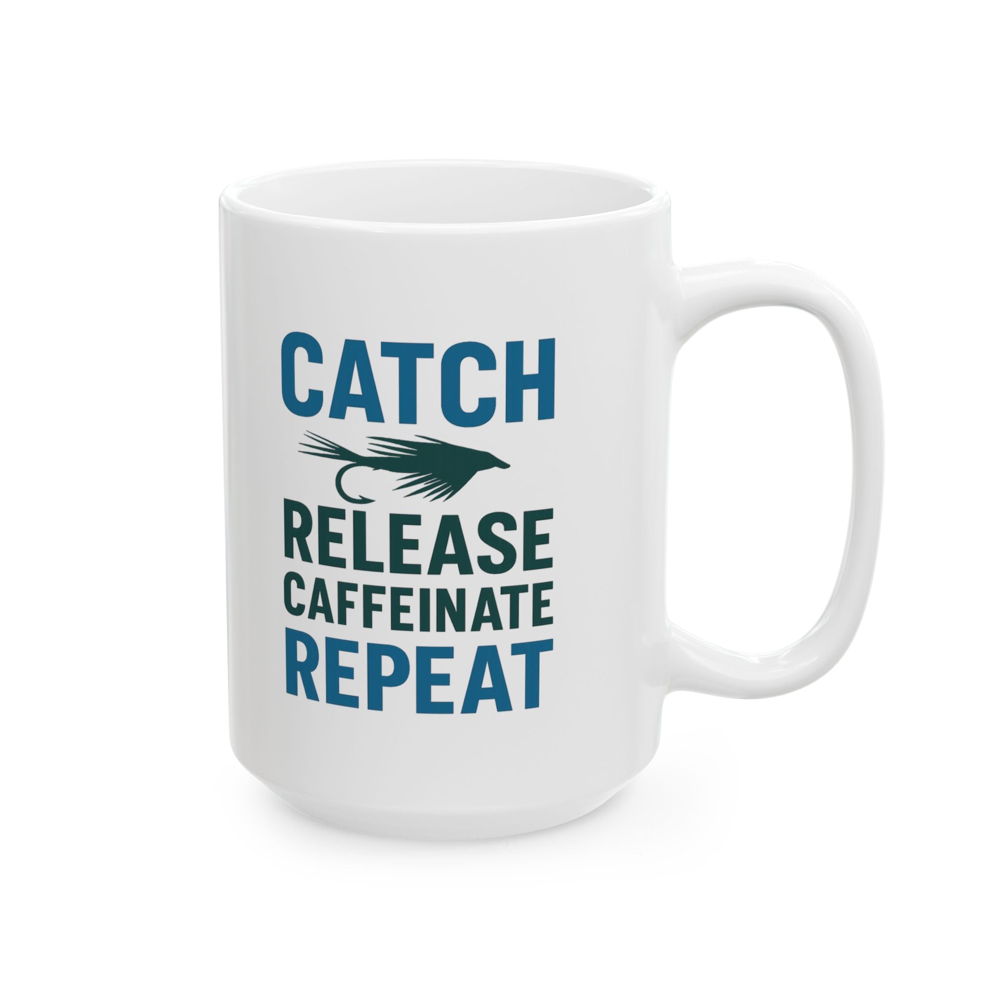 Fly Fisherman Catch Release Caffeinate Repeat Coffee Mug | Cat Lover Gift | Ceramic Mug