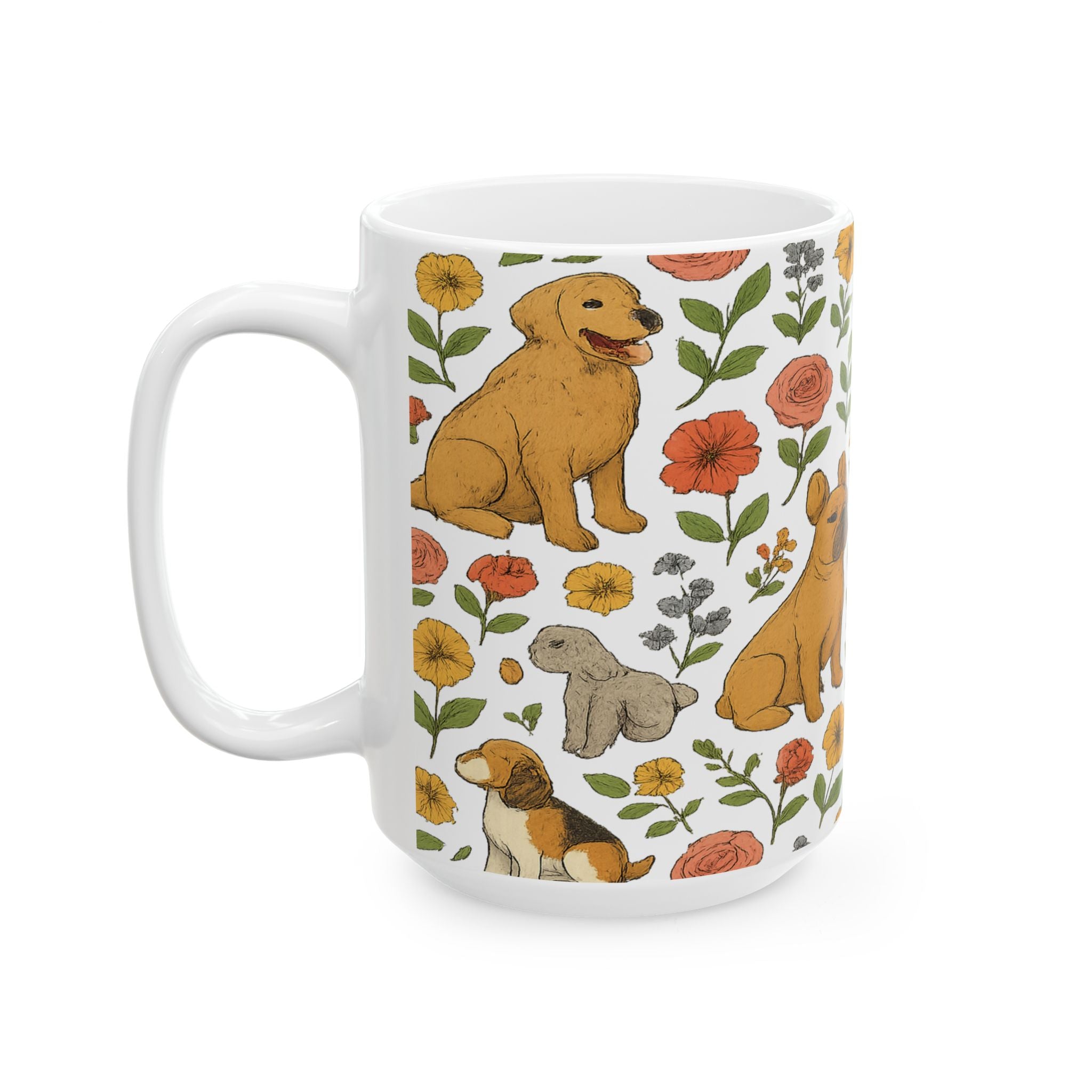 Botanical Dogs And Flowers Full Wrap Coffee Mug | Dogs Gift | Ceramic Mug