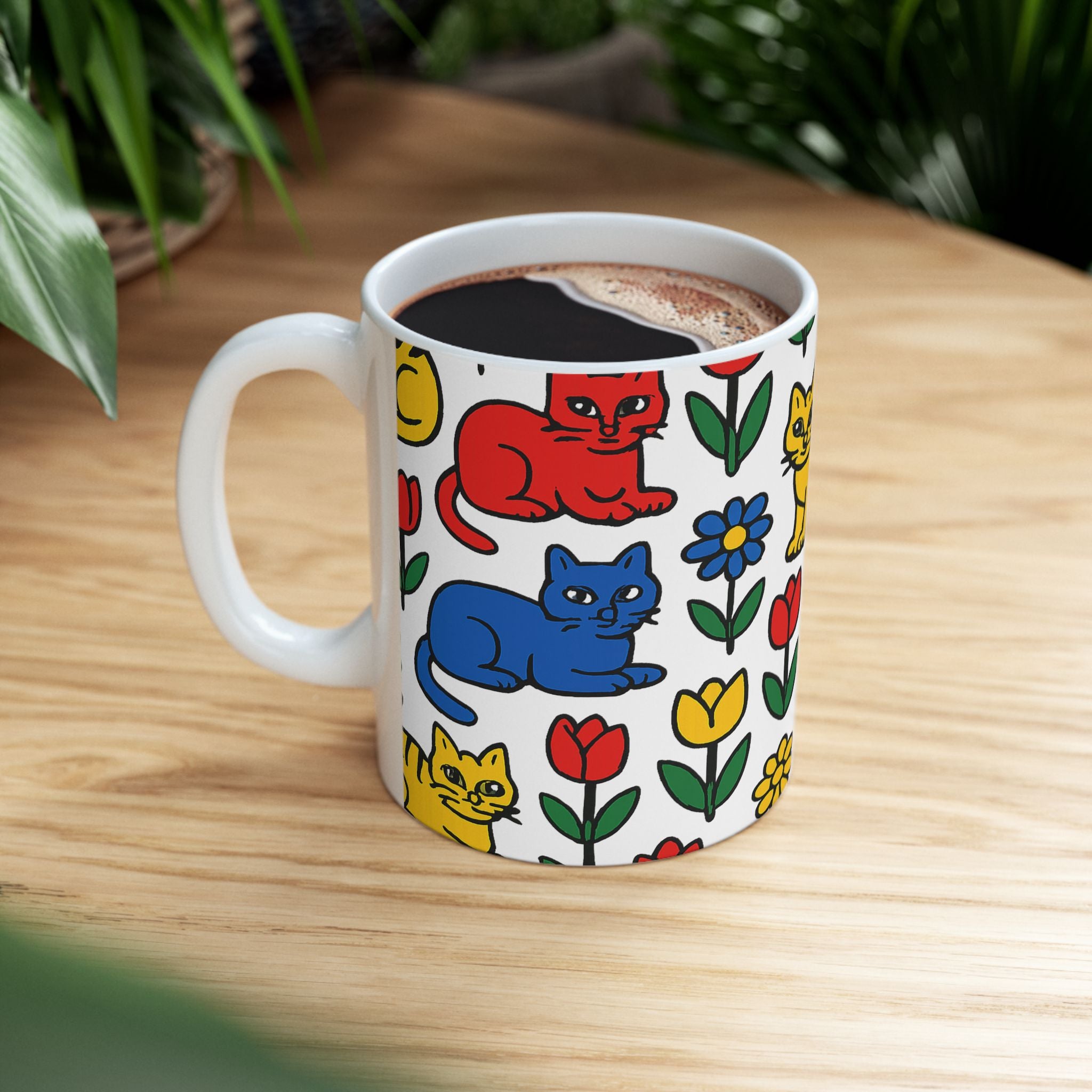 Bold Cats In Garden Full Wrap Coffee Mug | Cats Gift | Ceramic Mug
