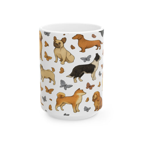 Botanical Dogs And Butterflies Full Wrap Coffee Mug | Dogs Gift | Ceramic Mug