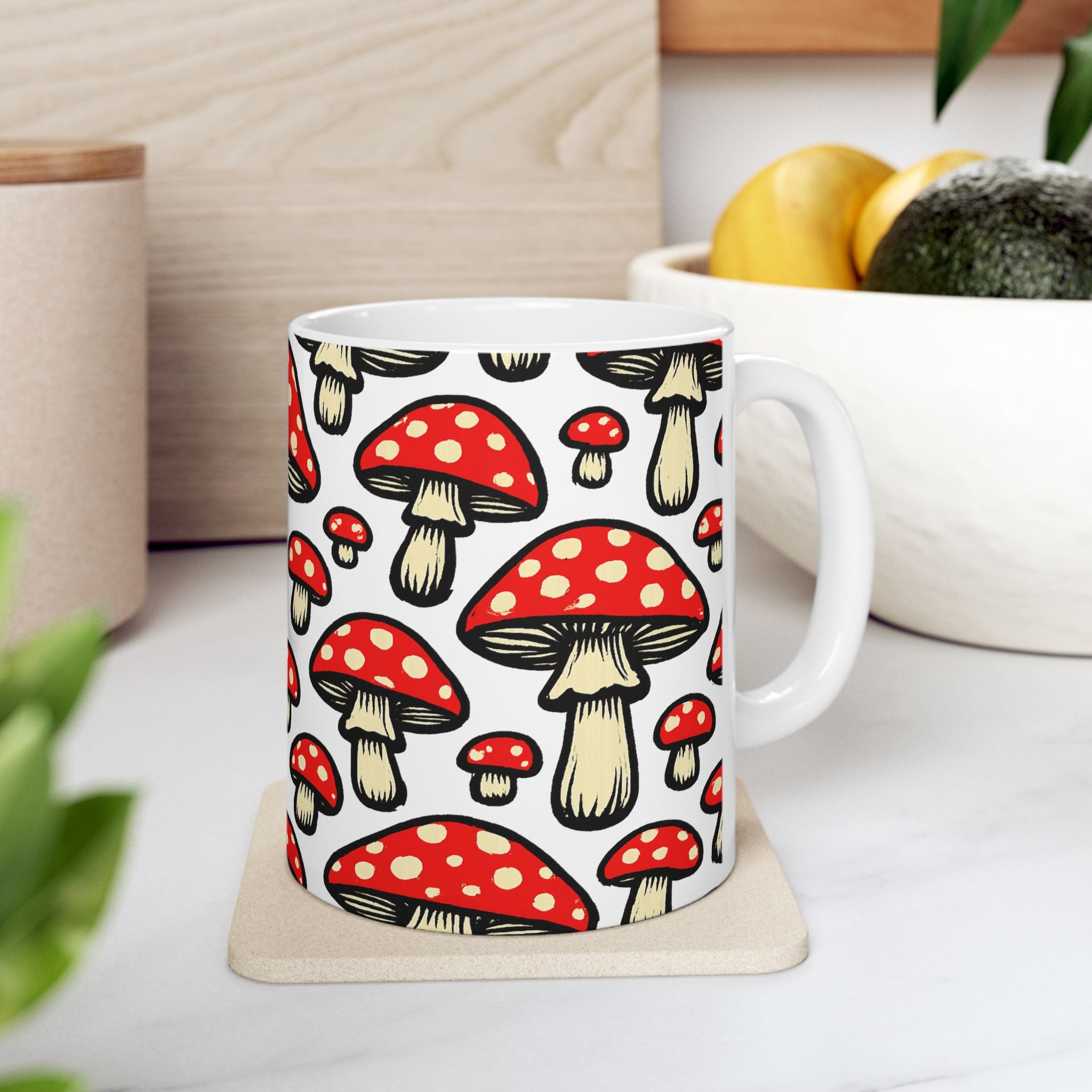 Bold Fairy Tale Mushrooms Pattern Coffee Mug | Mushrooms Lover Gift | Ceramic Mug