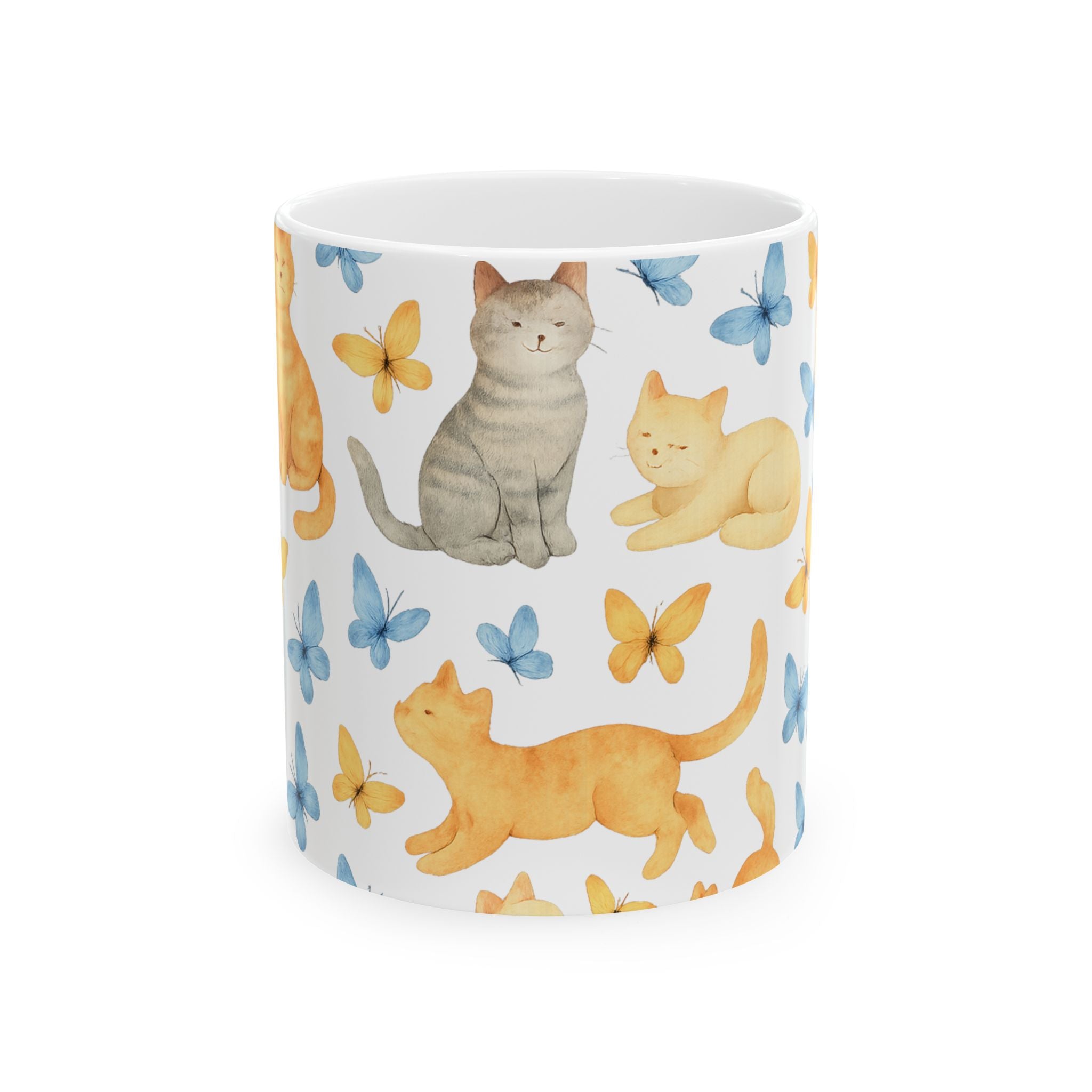 Watercolor Cats And Butterflies Full Wrap Coffee Mug | Cats Gift | Ceramic Mug