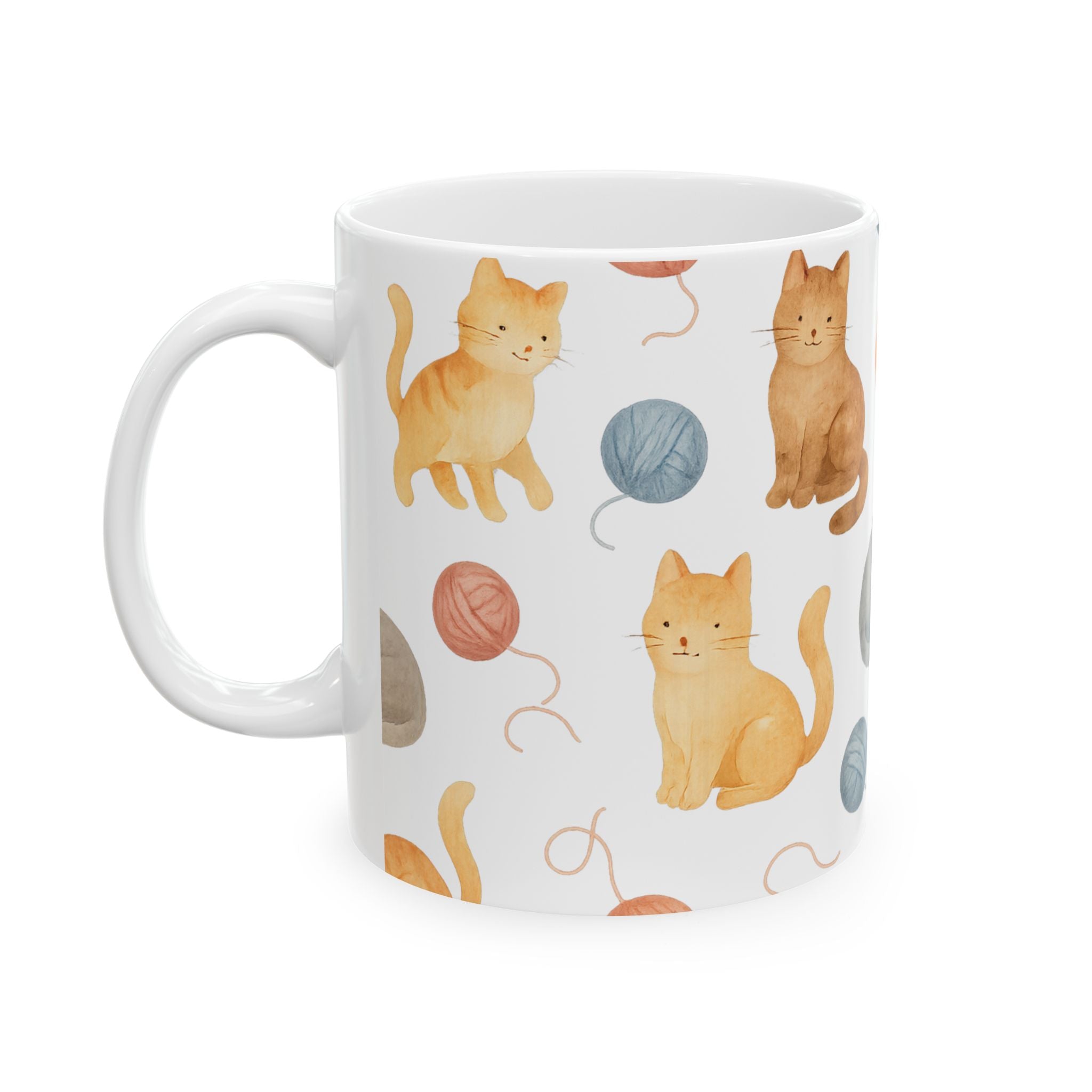 Watercolor Cats With Yarn Full Wrap Coffee Mug | Cats Gift | Ceramic Mug