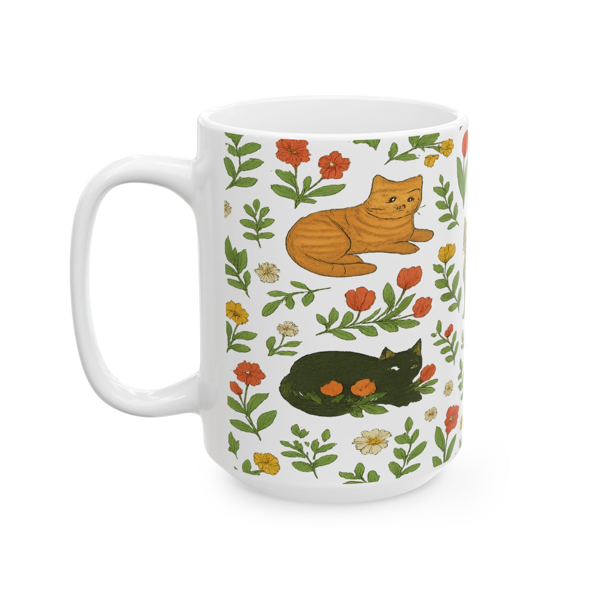 Botanical Cats In Garden Full Wrap Coffee Mug | Cats Gift | Ceramic Mug