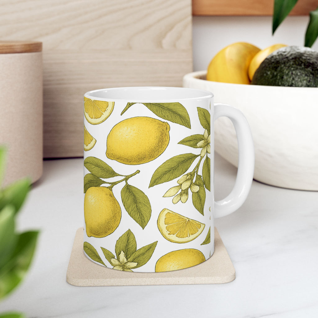 Botanical Lemons Pattern Coffee Mug | Fruit Lover Gift | Ceramic Mug