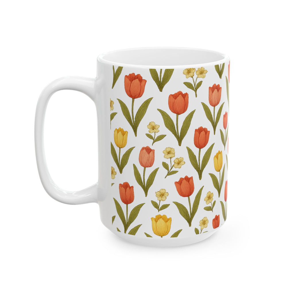 Vintage Tulip Garden Full Wrap Coffee Mug | Flowers Gift | Ceramic Mug