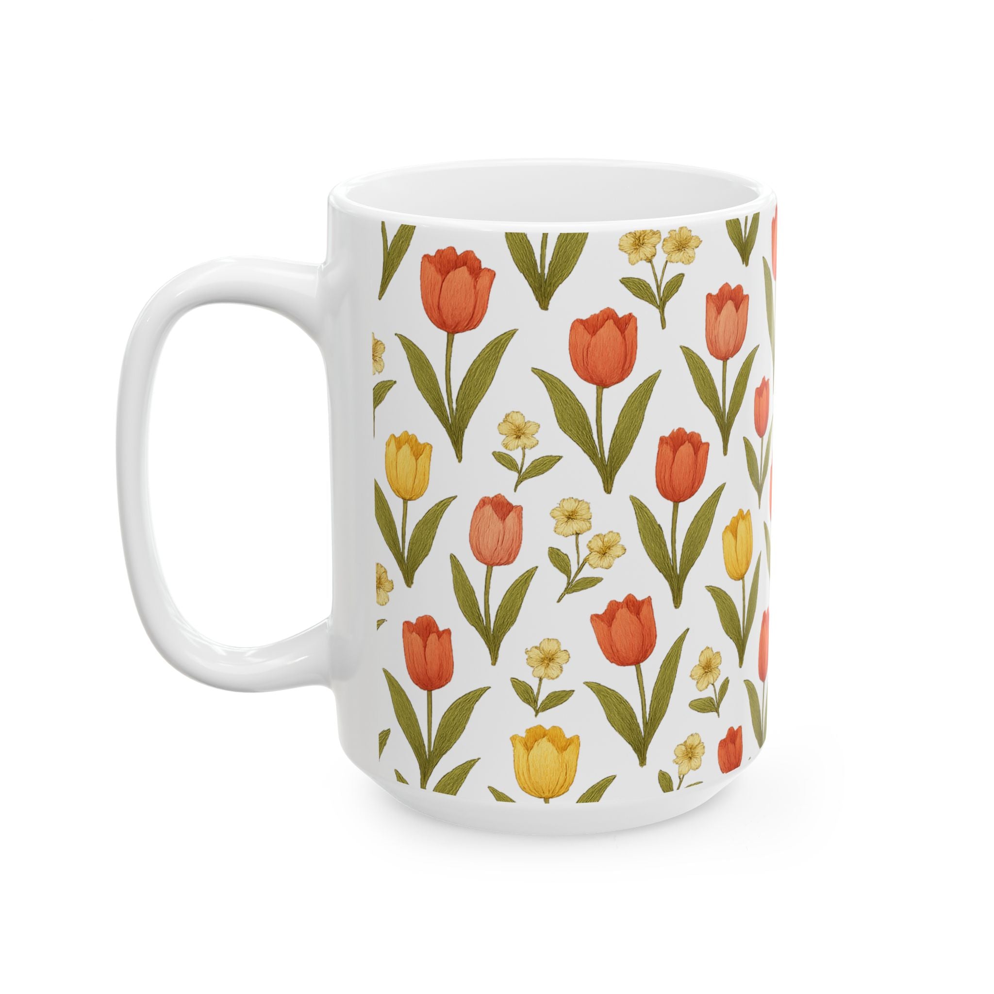 Vintage Tulip Garden Full Wrap Coffee Mug | Flowers Gift | Ceramic Mug