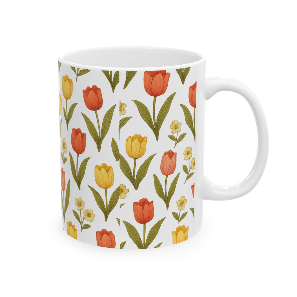 Vintage Tulip Garden Full Wrap Coffee Mug | Flowers Gift | Ceramic Mug