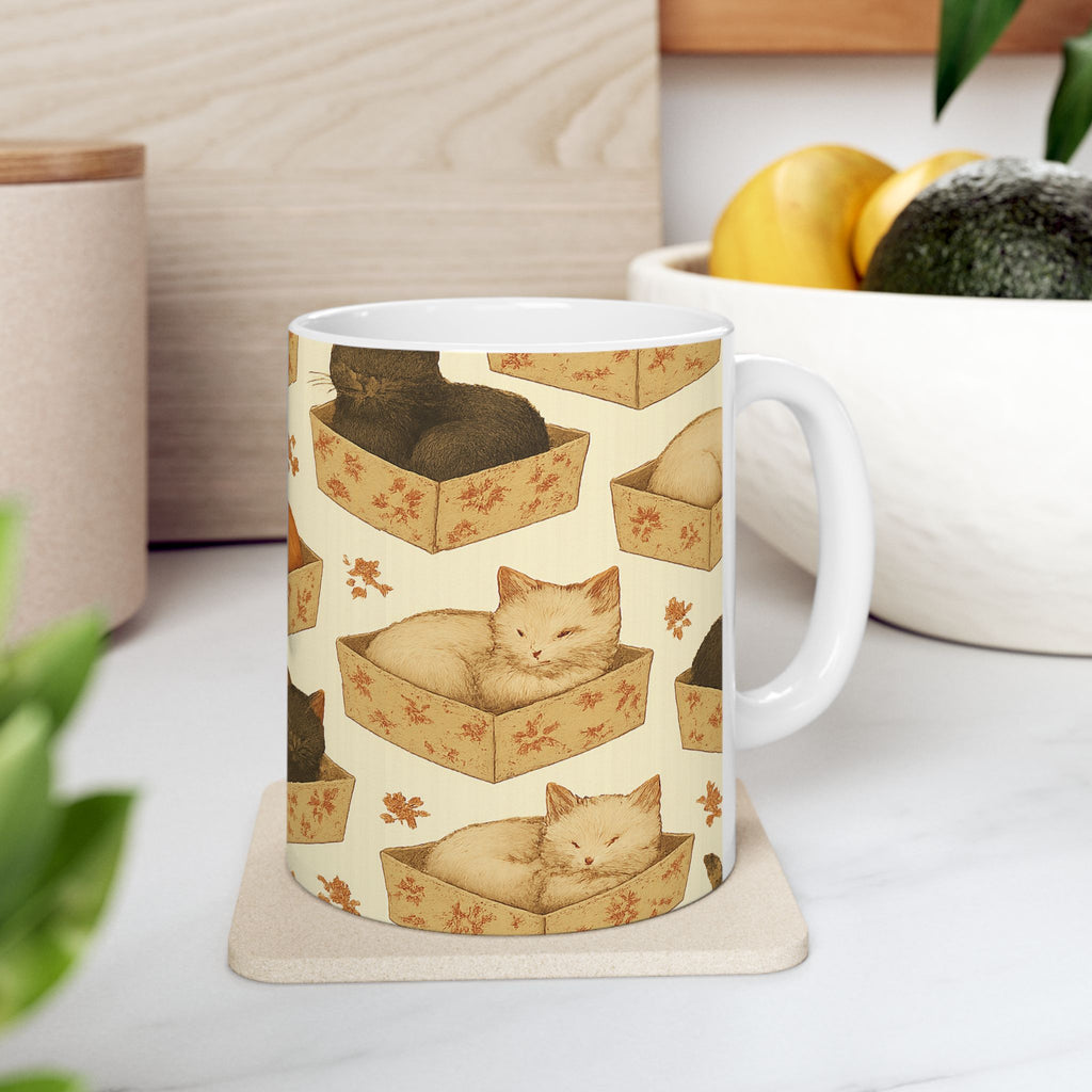 Vintage Cats In Boxes Full Wrap Coffee Mug | Cats Gift | Ceramic Mug
