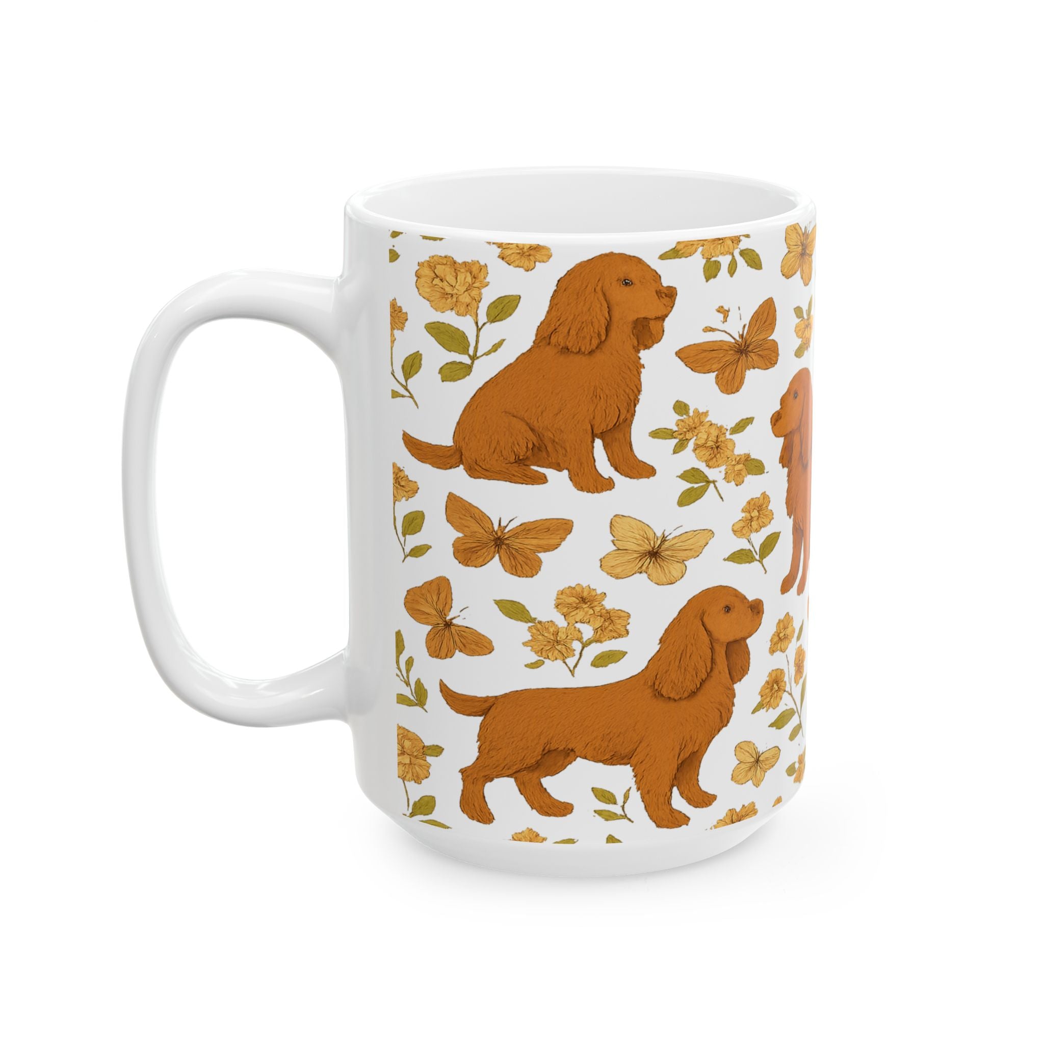 Vintage Dogs And Butterflies Full Wrap Coffee Mug | Dogs Gift | Ceramic Mug