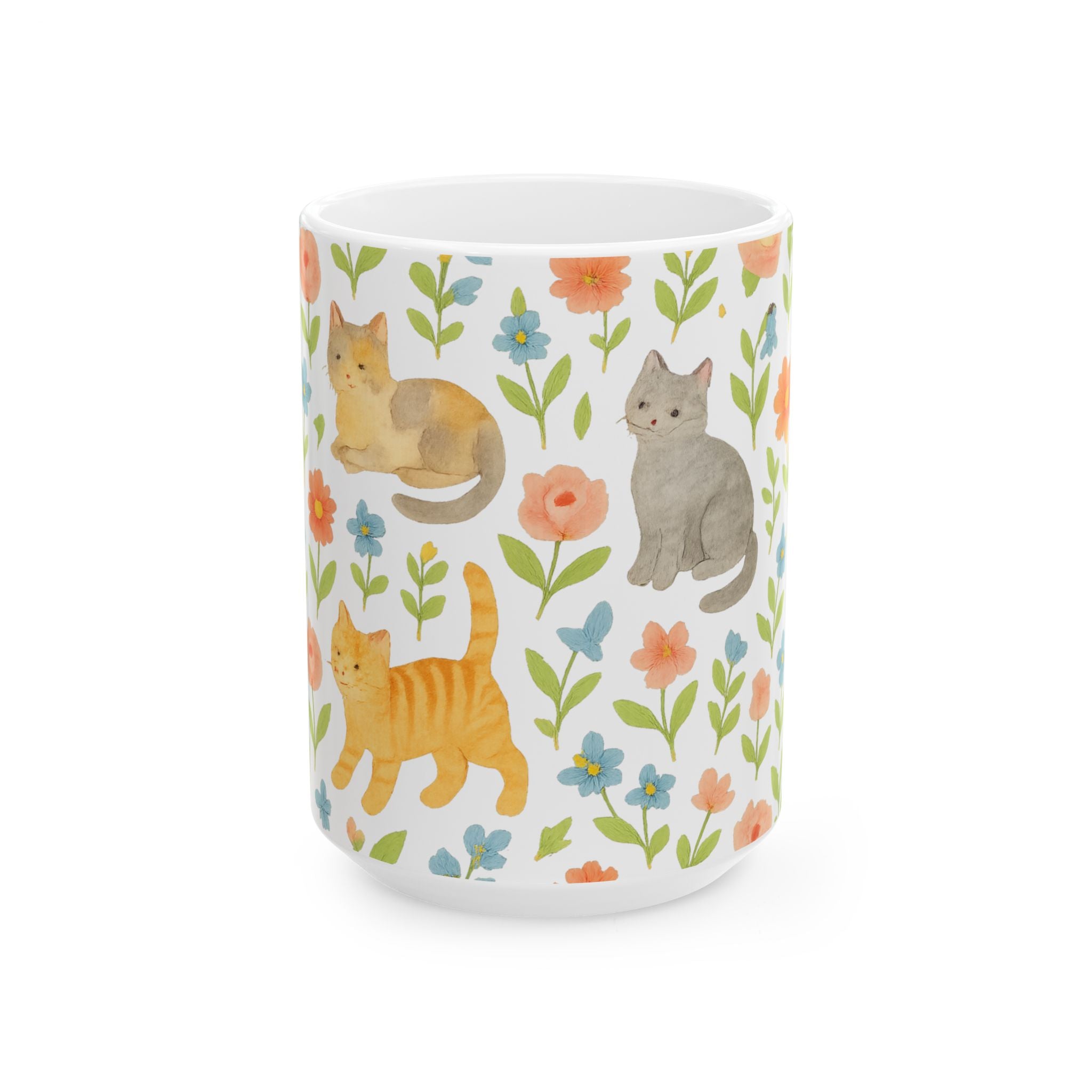 Watercolor Cats In Garden Full Wrap Coffee Mug | Cats Gift | Ceramic Mug