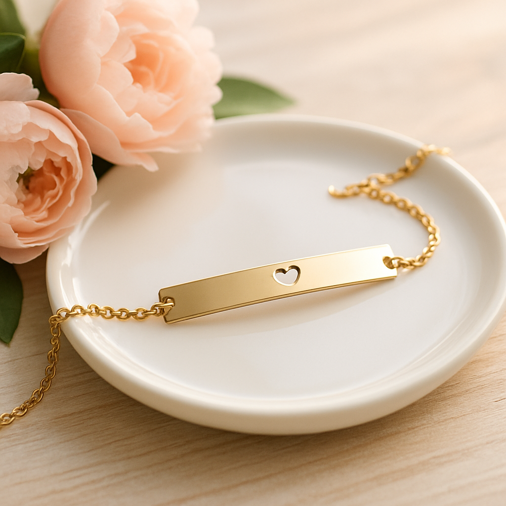 Personalized Adjustable Flat Cutout Heart Bar Bracelet • Custom Engraved lifestyle photo