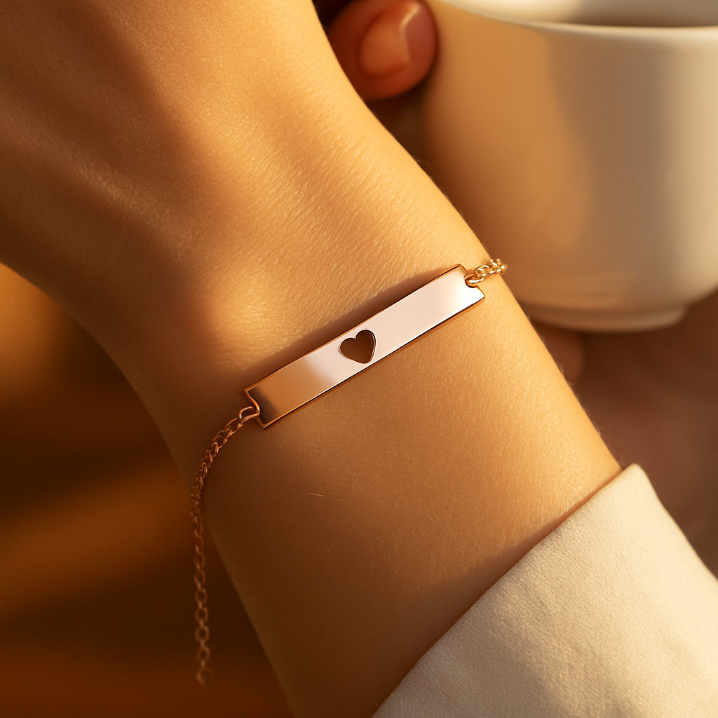 Personalized Adjustable Flat Cutout Heart Bar Bracelet • Custom Engraved lifestyle photo
