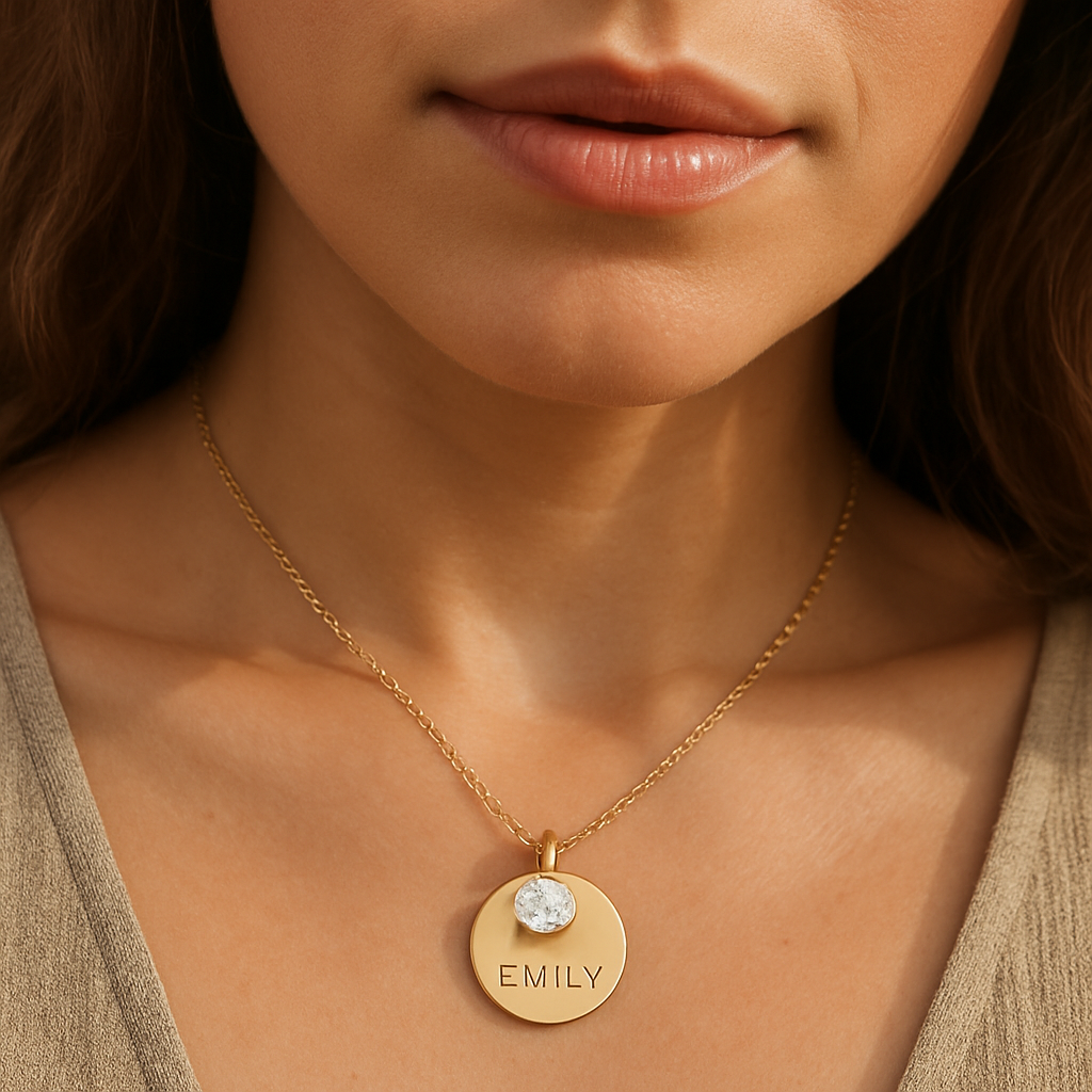 Personalized Birthstone Circle Charm • Custom Engraved lifestyle photo