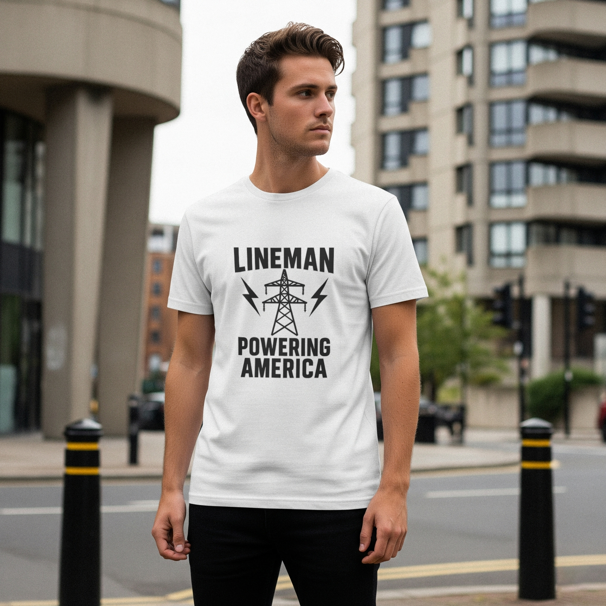 Lineman Powering America Electrician T-Shirt | Unique Gift | Graphic Tee