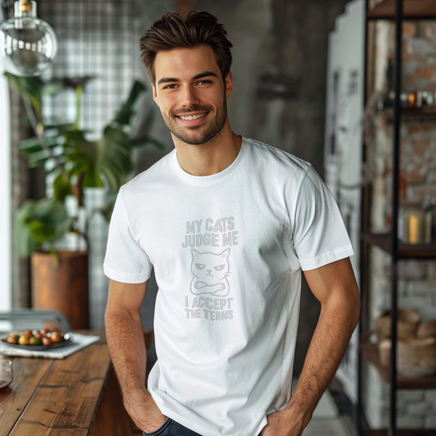 Cat Dad My Cats Judge Me I Accept The Terms T-Shirt | Cat Lover Gift | Graphic Tee