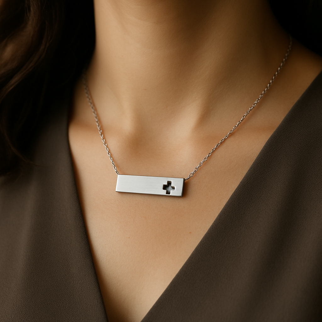 Personalized Cutout Cross Bar Necklace • Custom Engraved lifestyle photo