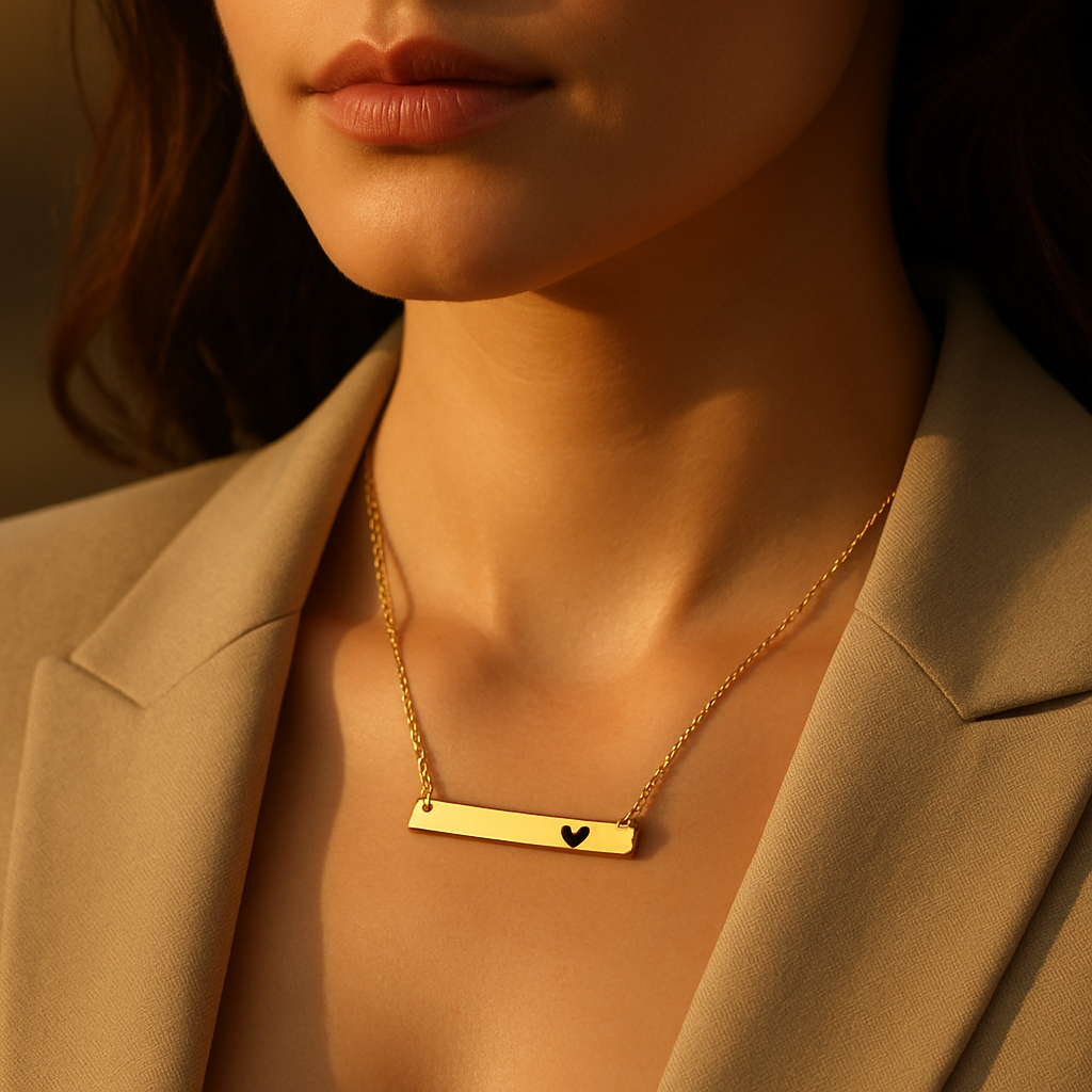 Personalized Cutout Heart Bar Necklace • Custom Engraved lifestyle photo