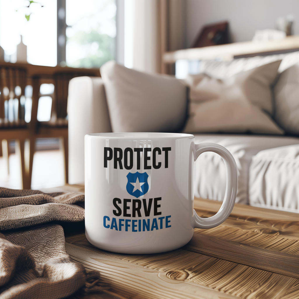 Police Officer Protect Serve Caffeinate Coffee Mug | Unique Gift | Ceramic Mug