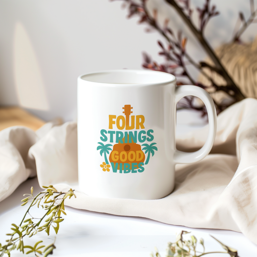 Ukulele Player Four Strings Good Vibes Only Coffee Mug | Unique Gift | Ceramic Mug