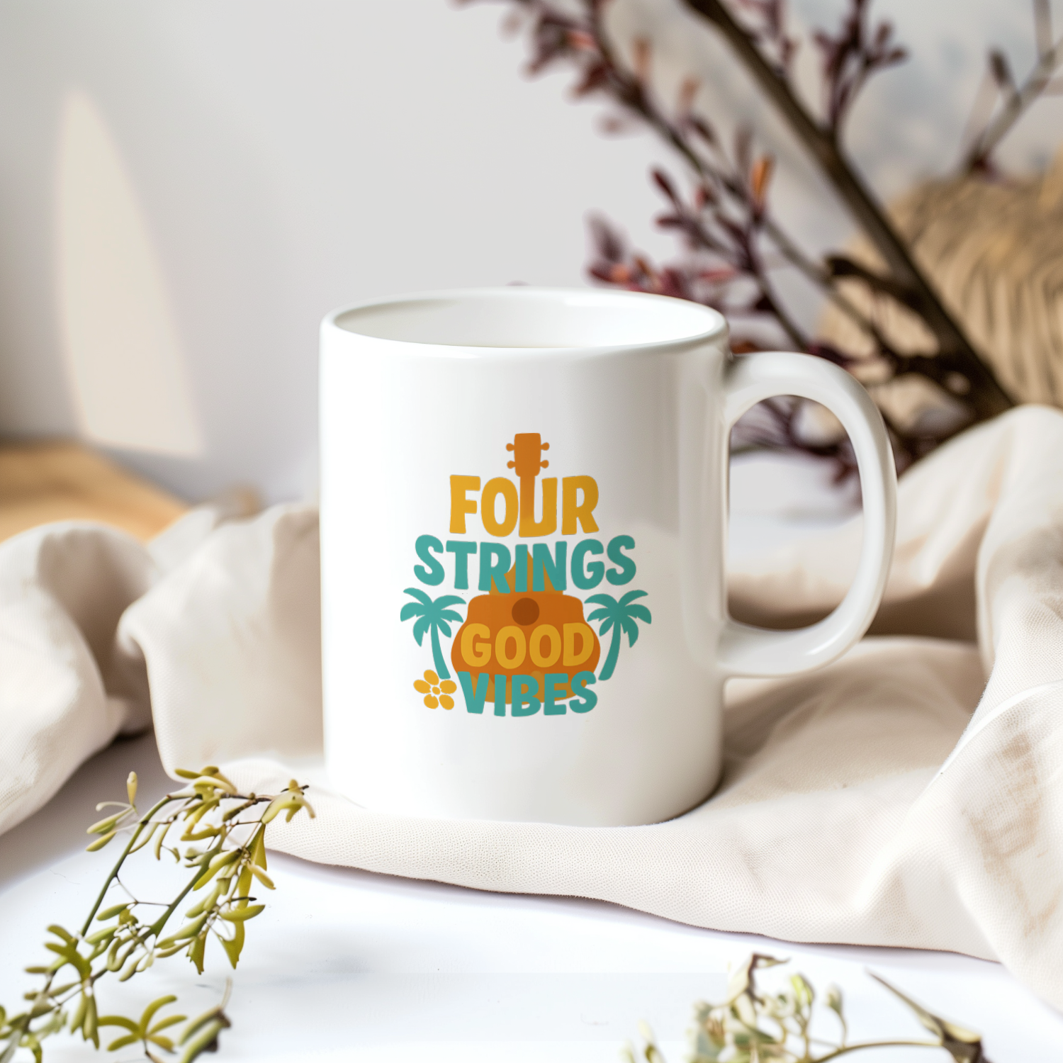 Ukulele Player Four Strings Good Vibes Only Coffee Mug | Unique Gift | Ceramic Mug