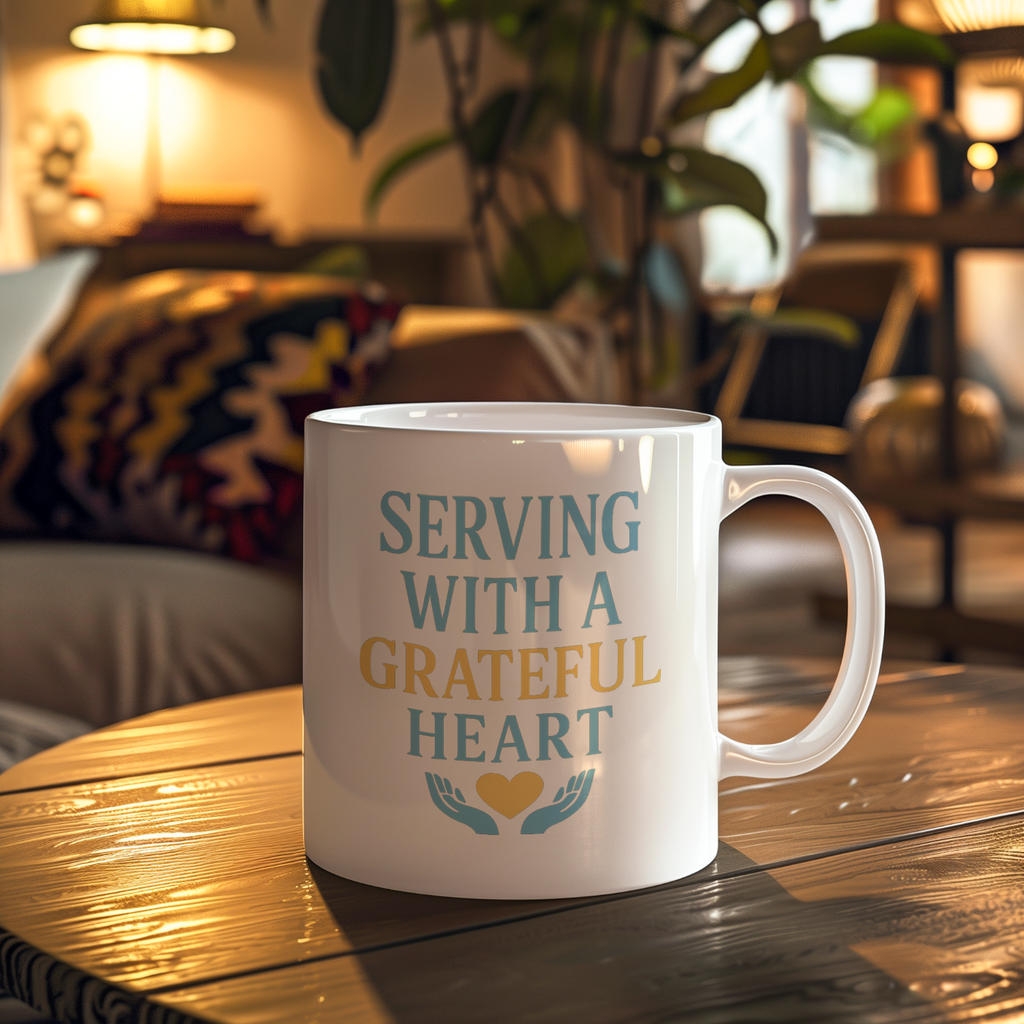 Church Volunteer Serving With A Grateful Heart Coffee Mug | Unique Gift | Ceramic Mug