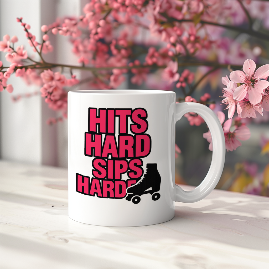 Roller Derby Queen Hits Hard Sips Harder Coffee Mug | Unique Gift | Ceramic Mug