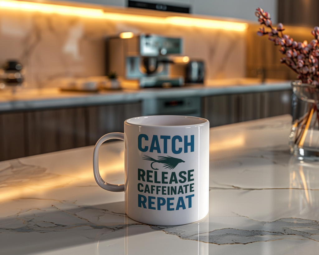 Fly Fisherman Catch Release Caffeinate Repeat Coffee Mug | Cat Lover Gift | Ceramic Mug