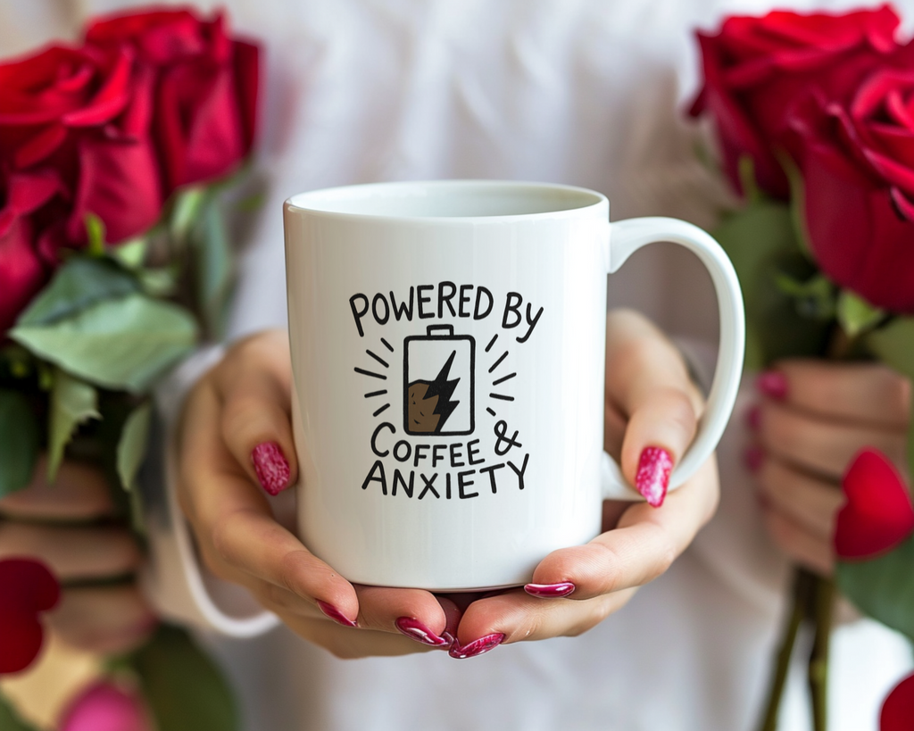 Powered By Coffee And Anxiety Funny Coffee Mug | Coffee Lover Gift | Ceramic Mug
