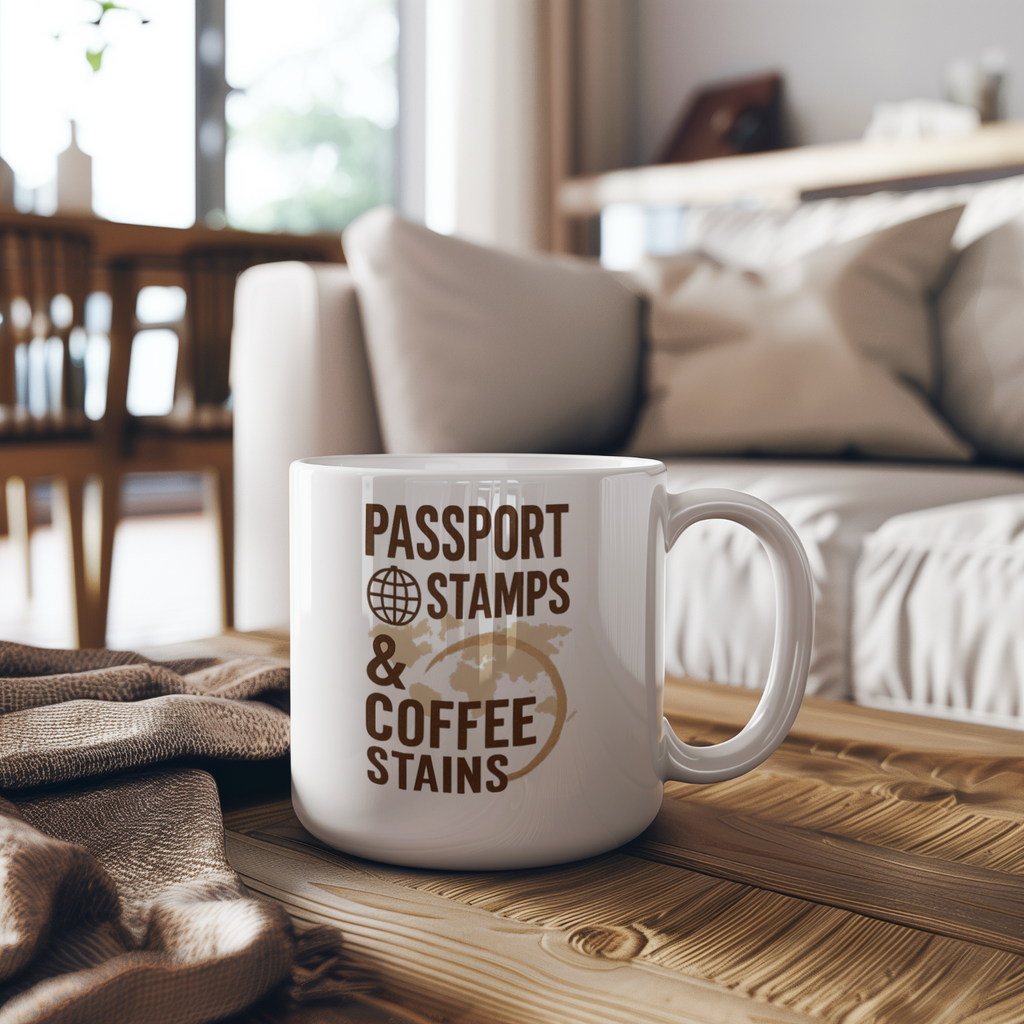 Travel Addict Passport Stamps And Coffee Stains Coffee Mug | Coffee Lover Gift | Ceramic Mug