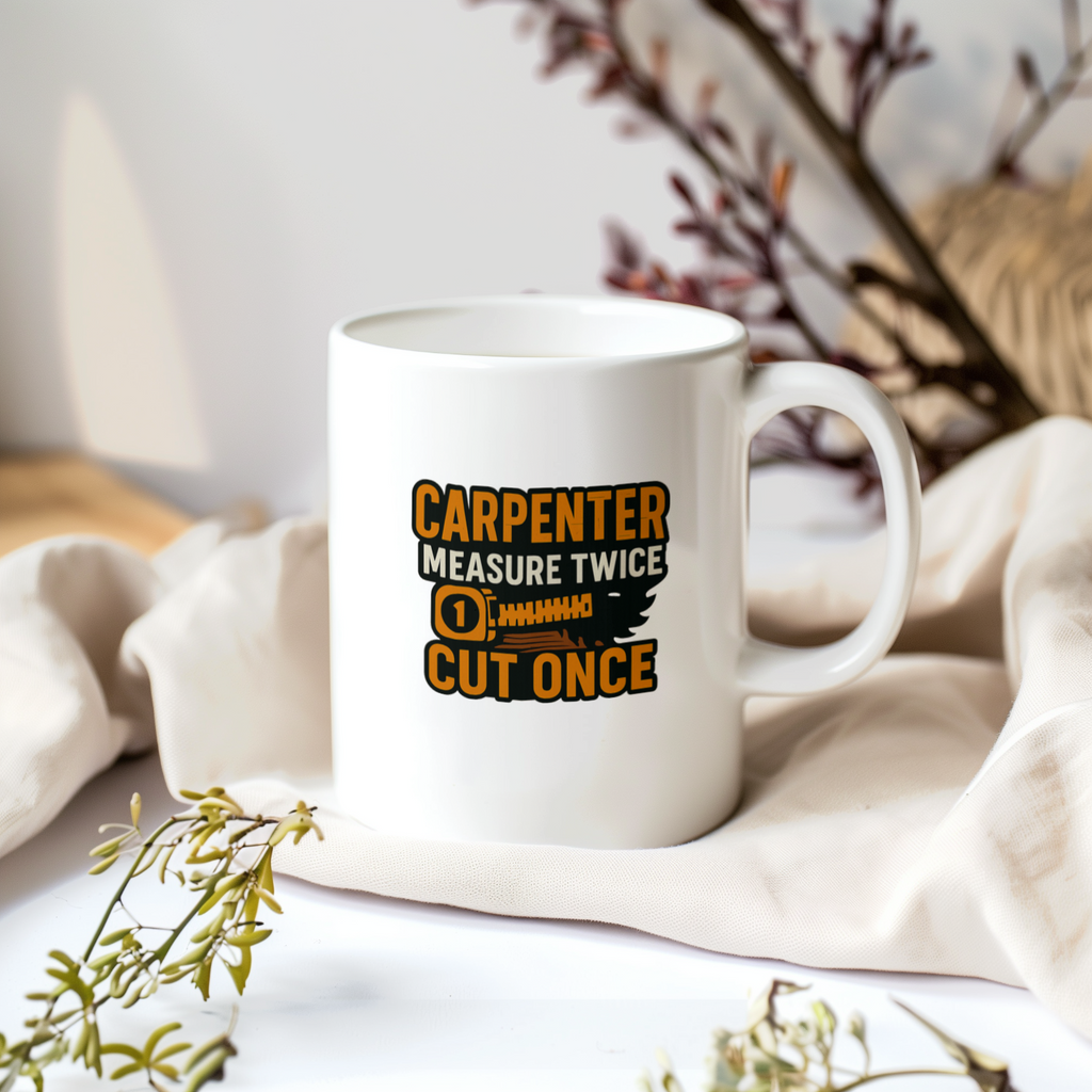 Carpenter Measure Twice Cut Once Coffee Mug | Unique Gift | Ceramic Mug