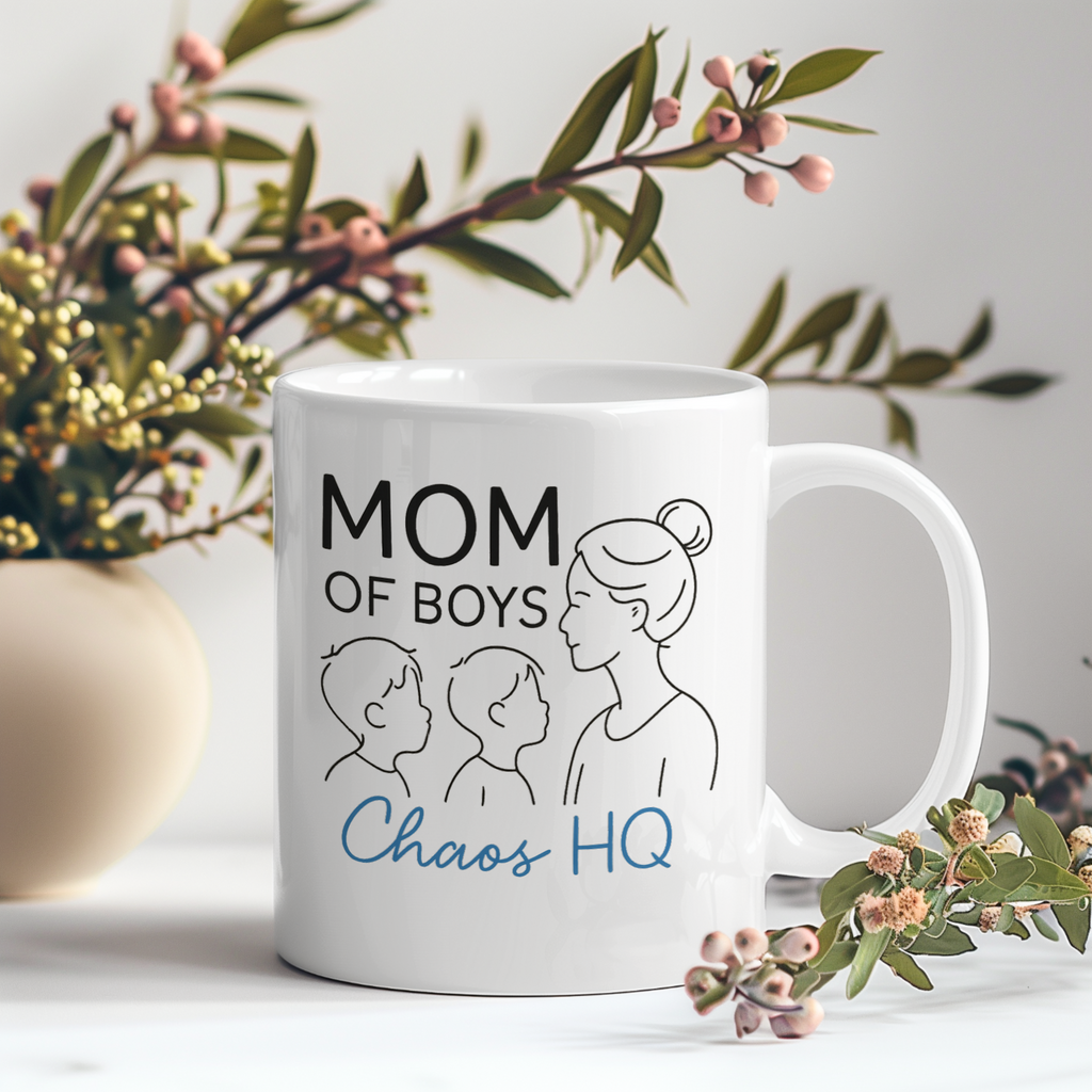 Mom Of Boys Running On Coffee And Chaos Coffee Mug | Boy Mom Humor | Ceramic Mug