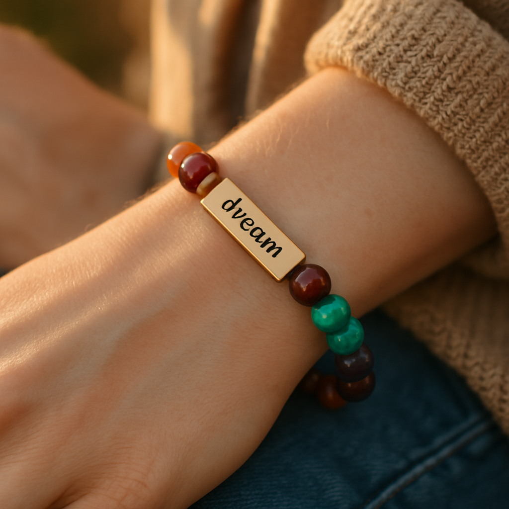 Personalized Natural Stone Stretch Bar Bracelet • Custom Engraved lifestyle photo